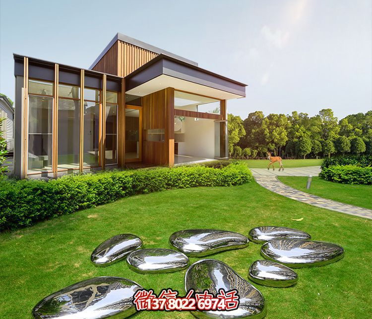 高端室內(nèi)草坪裝飾，不銹鋼雕塑鏡面石頭安放