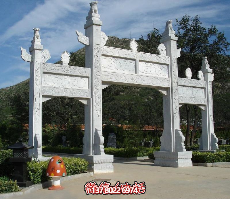 精致園林景觀，漢白玉華表浮雕祥云門樓石牌坊