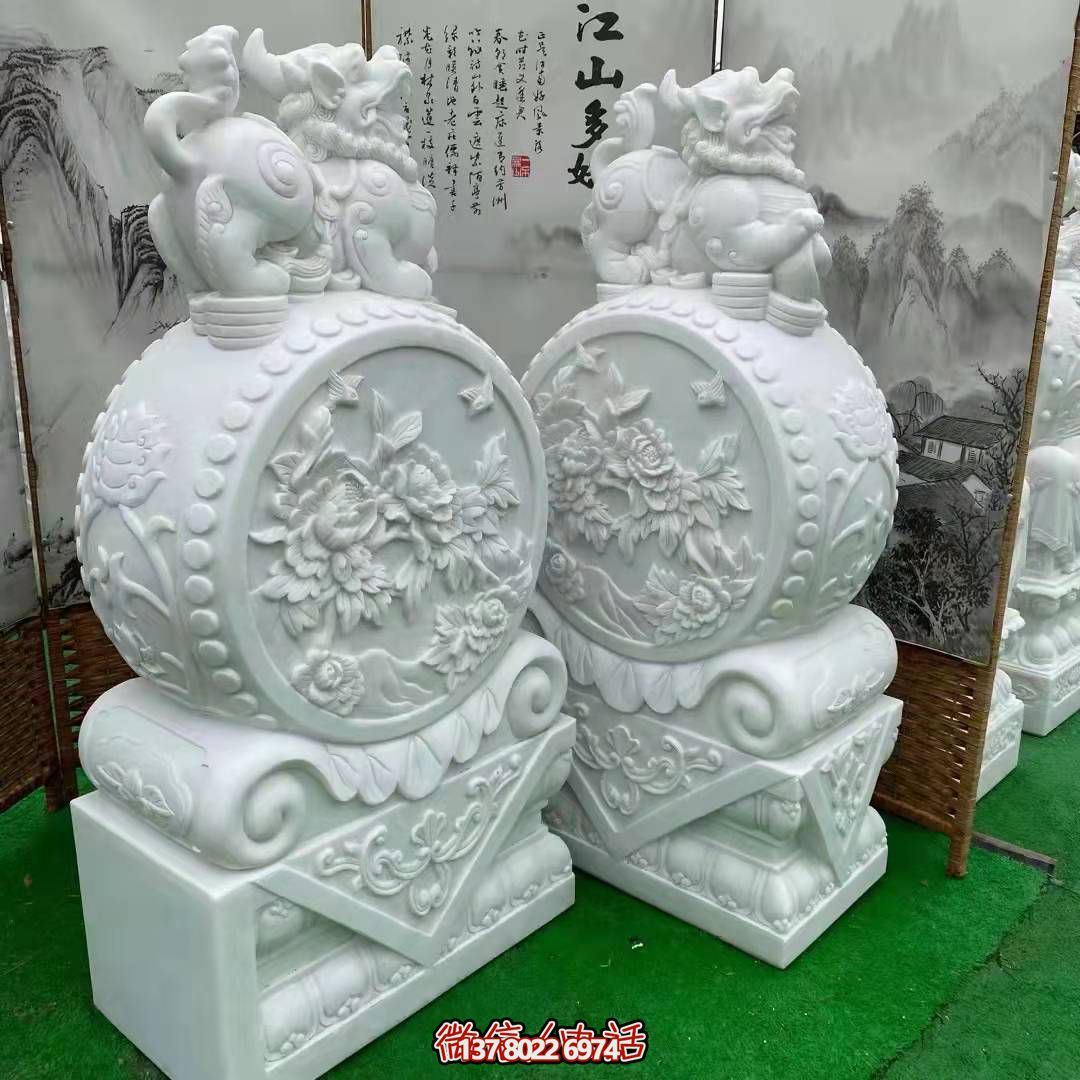 天然優(yōu)質(zhì)漢白玉浮雕麒麟抱鼓石，裝點你的庭院門口