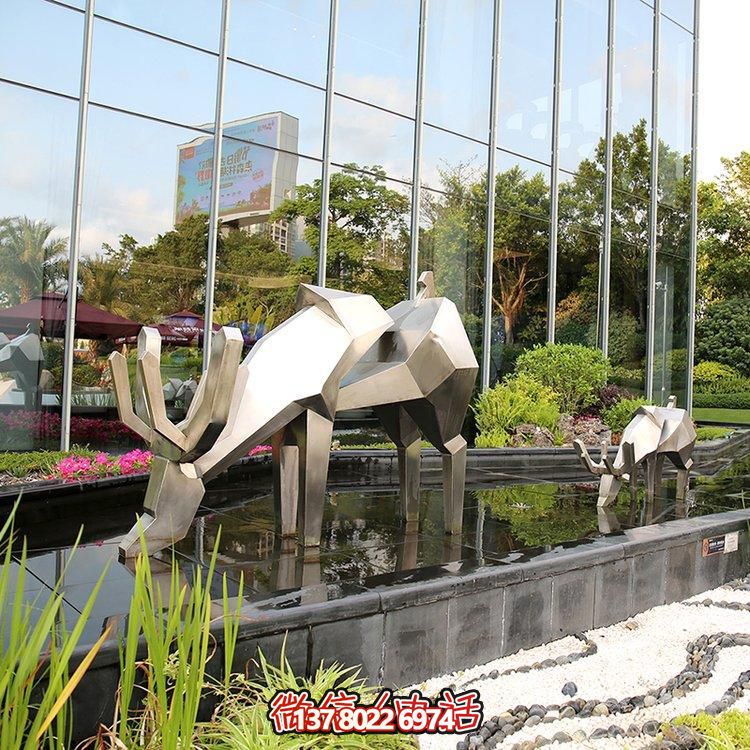 精致雕塑，幾何鏡面不銹鋼鹿，點(diǎn)綴精致水景小品