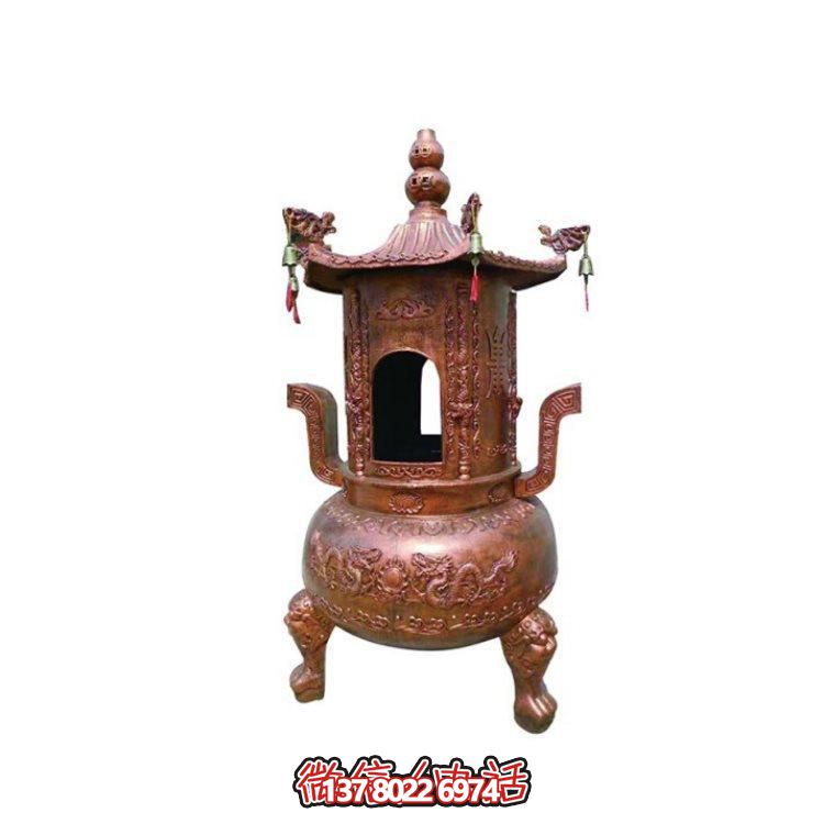 純銅香爐四柱舍利塔，裝飾寺院舍利