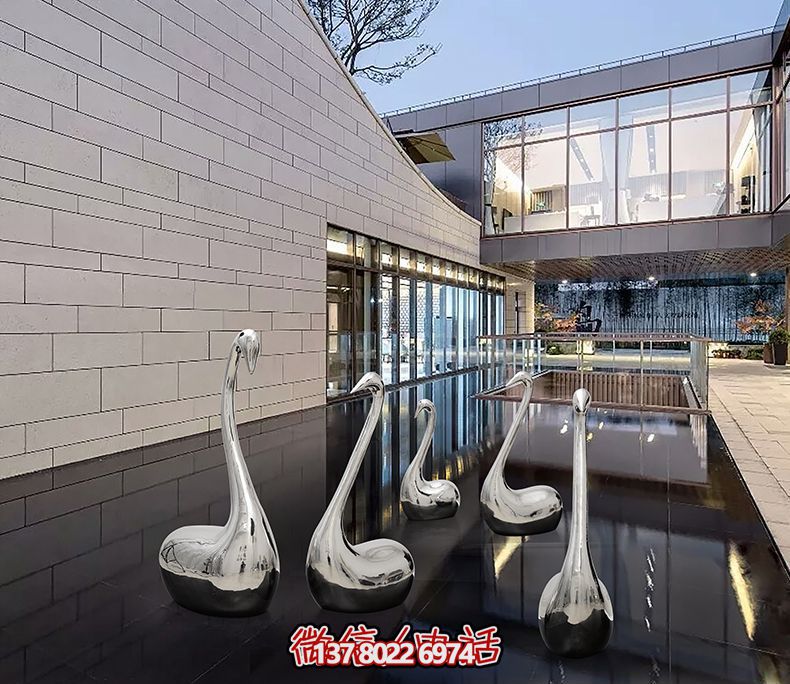 不銹鋼創(chuàng)意天鵝雕塑，鏡面水中裝飾別墅