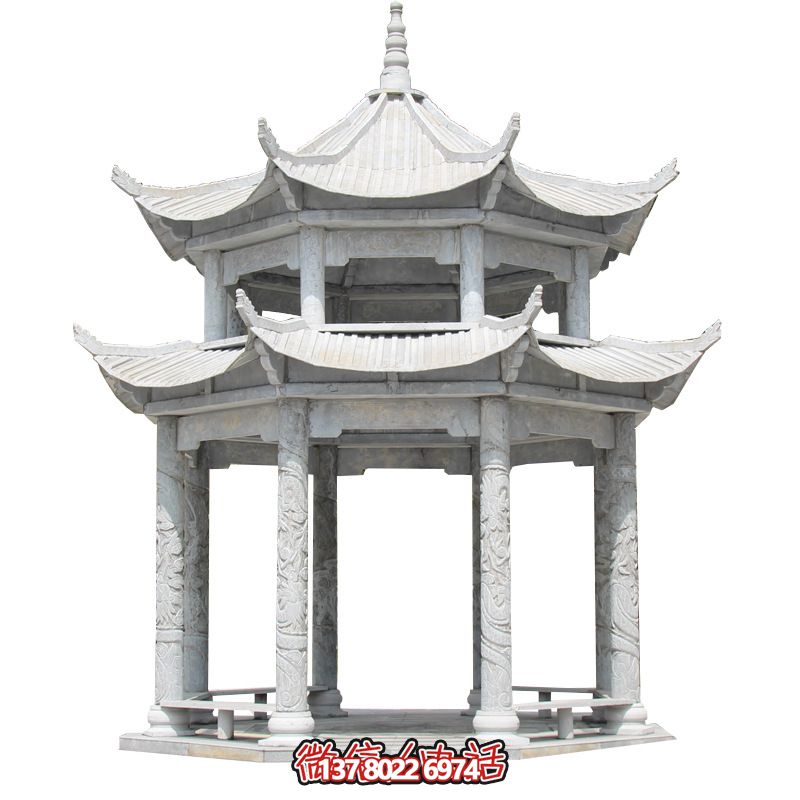 精美大理石雙層柱涼亭，雕塑點綴休息亭