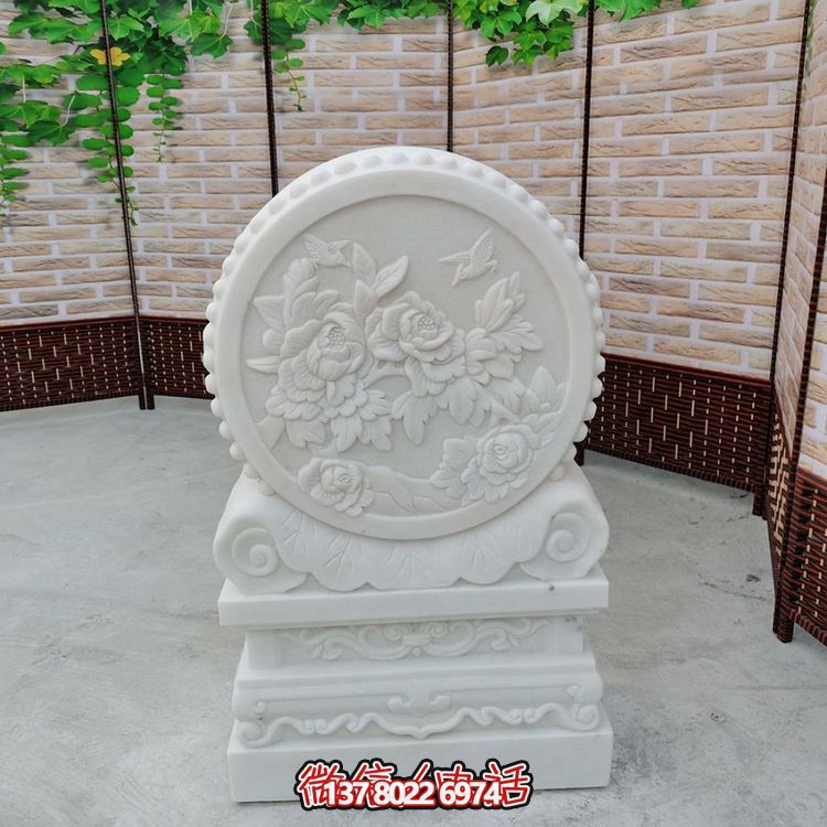 中式風(fēng)格天然漢白玉石雕抱鼓浮雕門墩，花開富貴