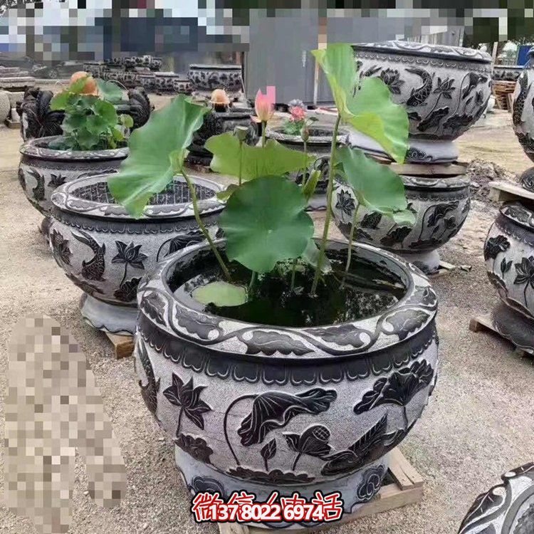 經(jīng)典荷花石雕浮雕圓形水缸，裝點您的庭院