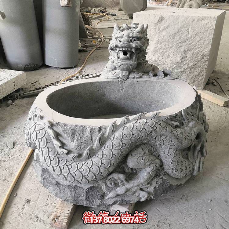 仿古石缸水缸青石龍形浮雕雕塑，為您的庭院增添一抹古樸