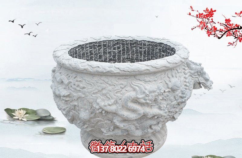 漢白玉石雕龍浮雕水缸雕塑，為庭院增添優(yōu)雅氣息
