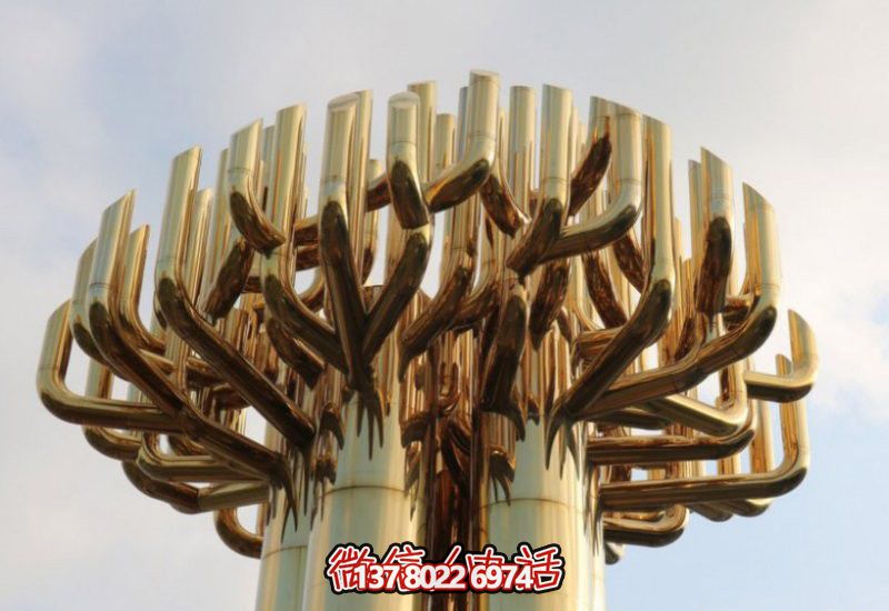不銹鋼大樹雕塑，金色噴涂