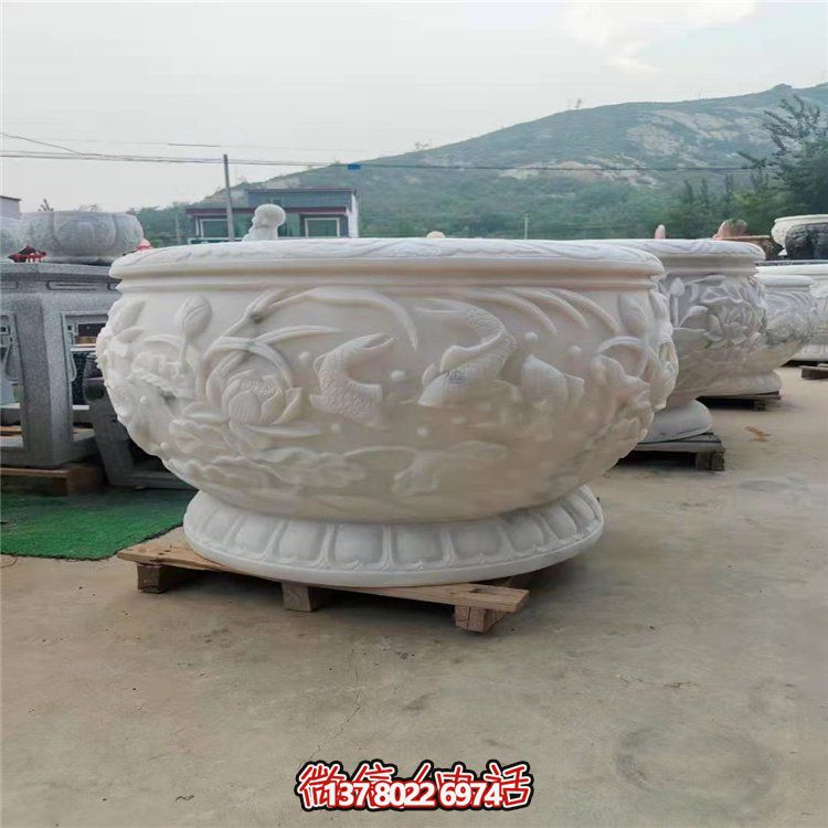 古典經(jīng)典，漢白玉鯉魚(yú)雕刻圓形水缸