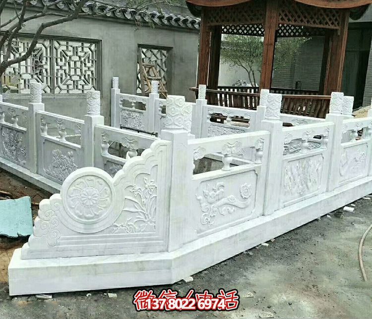 唯美古典庭院，池塘裝飾雕塑，漢白玉欄桿