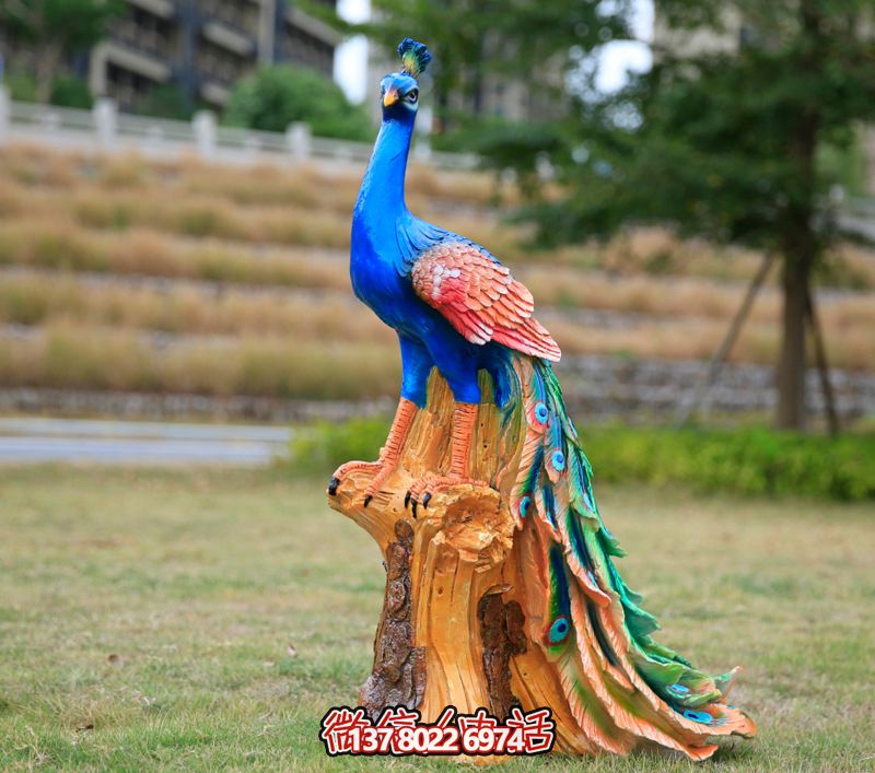 彩繪孔雀玻璃鋼雕塑，為公園街道擺放添彩