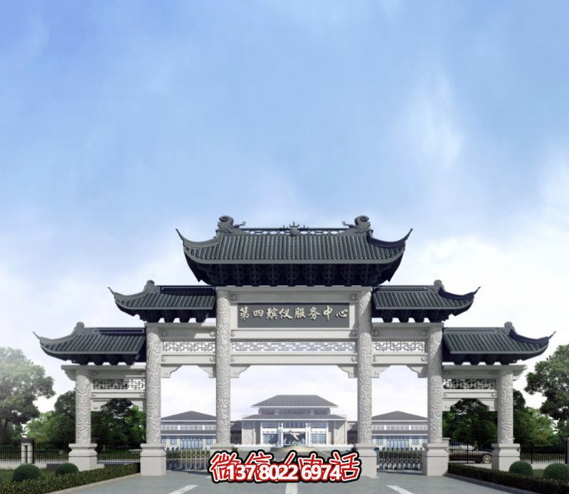 一座新式殯儀館五門景觀、青瓦斗拱、牌樓等高雅裝飾