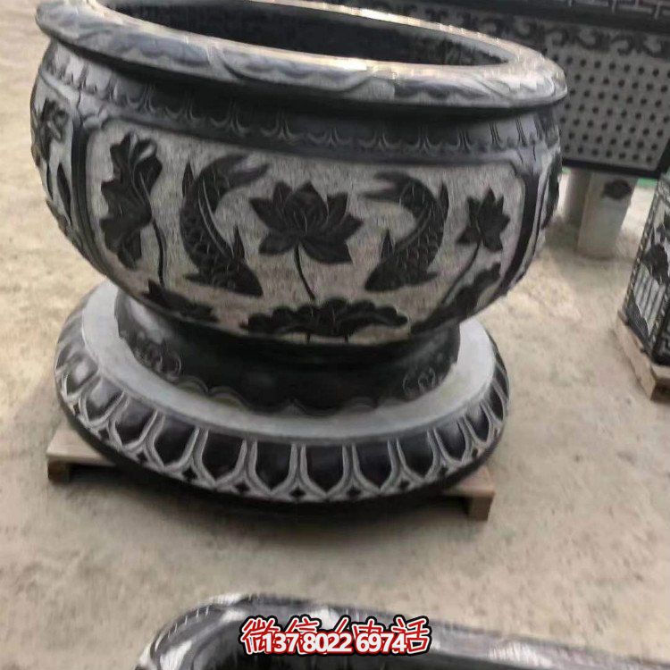 花園擺放青石荷花鯉魚水缸陽(yáng)臺(tái)花盆魚缸